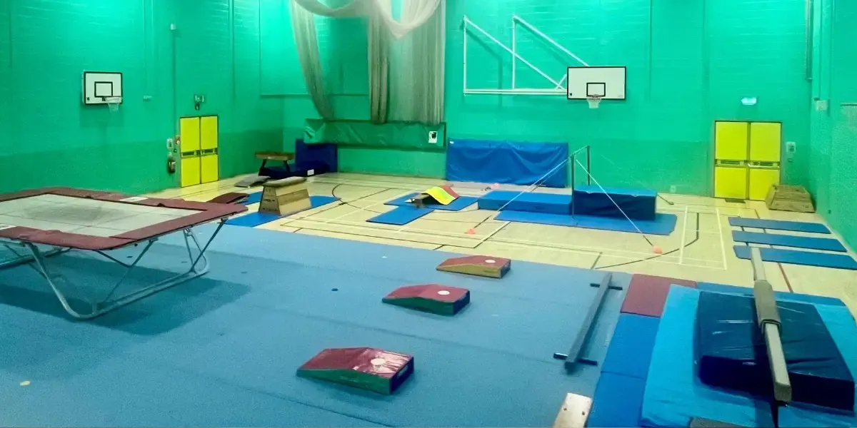 Sports hall with gymnastics and trampolining equipment